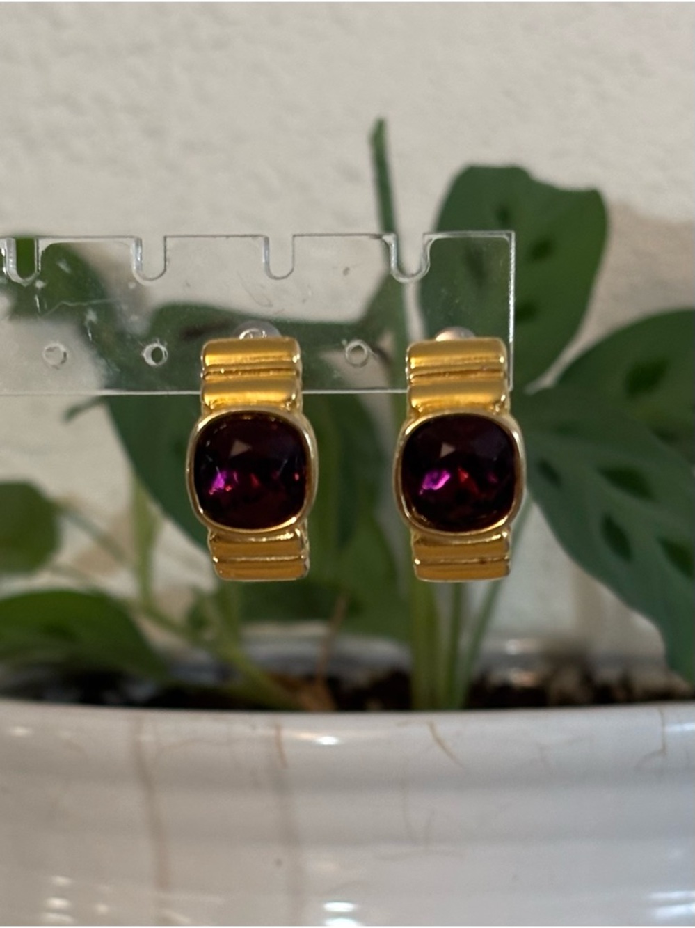 Vintage Givenchy Stamped Gold-Tone Earrings with Deep Purple Accents - Picture 9 of 9
